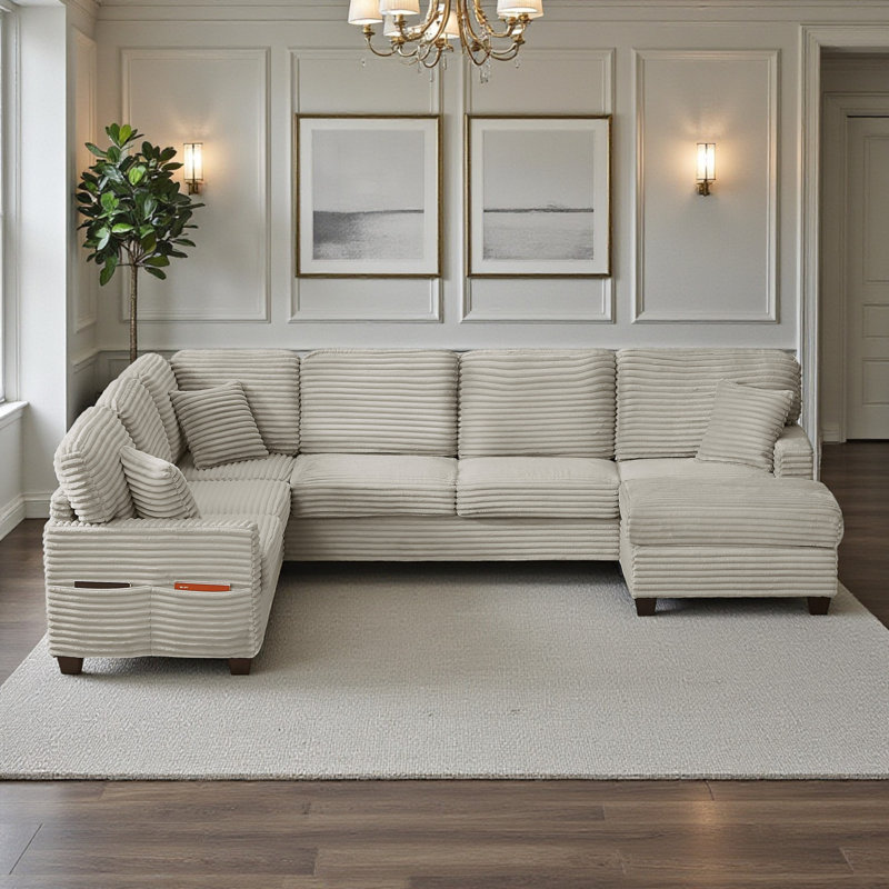 Upholstered L-Shaped Sectional With A Movable Ottoman, Taupe Corduroy