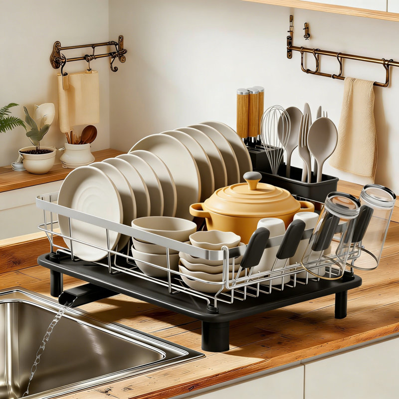 Stainless Steel Dish Drying Rack With Removable Utensil Holder, 13"W X 17"L, Black/White