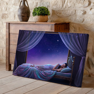 Toile, scène sereine mettant en vedette une princesse qui dort paisiblement sur un art mural, un lit moelleux orné de tissus chatoyants