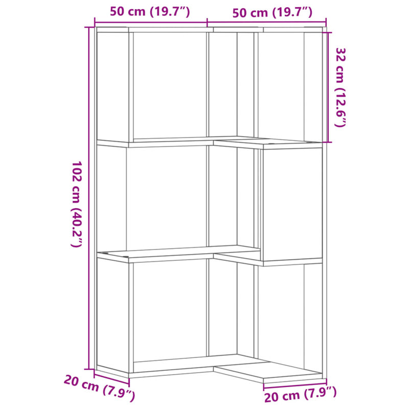 Corner Bookcase 5-Tier 50X50 Cm Engineered Wood, (3 Shelves) 102cm H x 50cm W x 50cm D, Artisian Oak