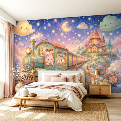 Peel and Stick Wallpaper Wall Mural Whimsical Train Ride Cute Animals Starry Fantasy World Wall Art Self Adhesive and Removable