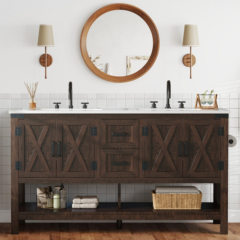 Chimira 60" Farmhouse Storage Bathroom Vanity with Double Sink, Rustic Brown, Brown, 33.3'' H x 60.6'' W x 22'' D