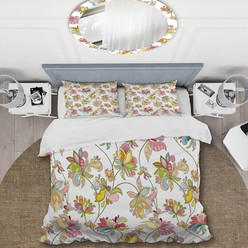 Ensemble de housse de couette fleur jaune et feuille, Housse de couette pour grand lit et 2 taies décor