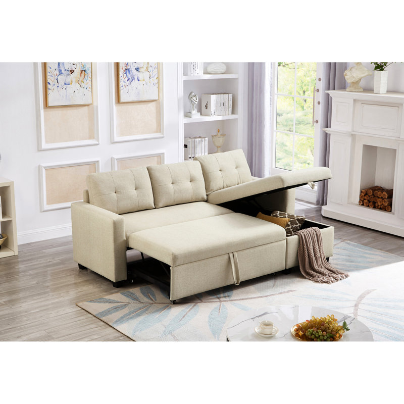 Lit rembourré avec méridienne de rangement beige - Canapé modulaire convertible carré et revêtu de lin