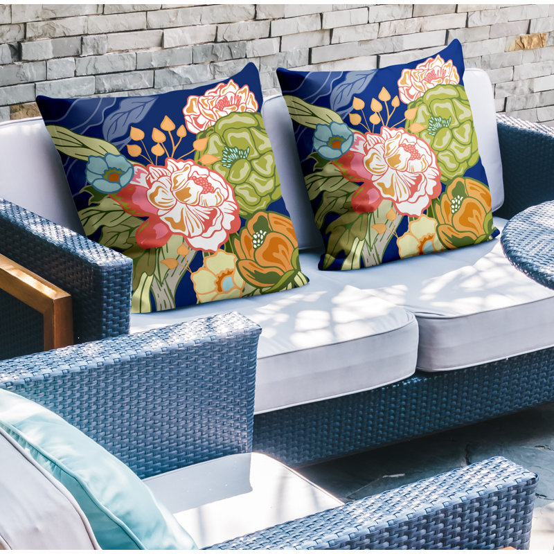 Floral Outdoor Reversible Throw Pillow, 19W" x 19H", Navy/Lime/Orange