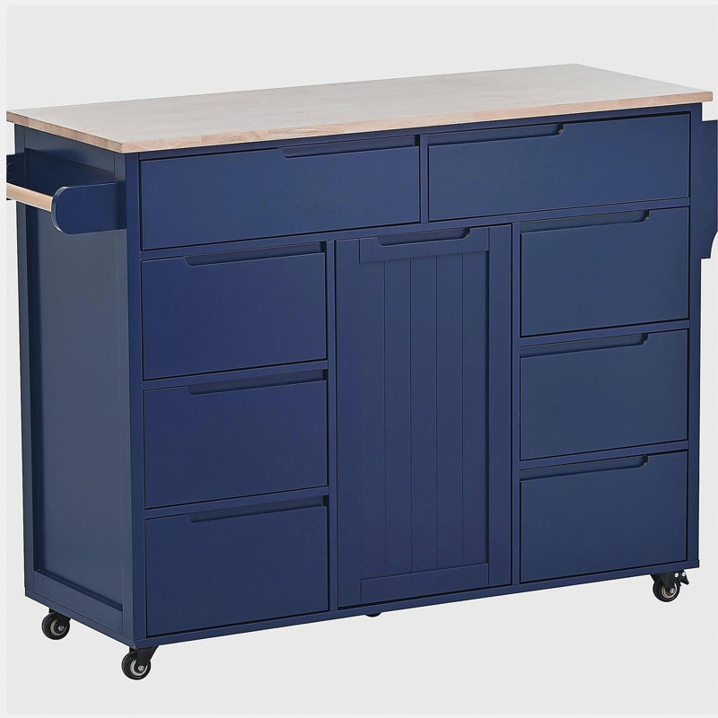 Rubberwood top kitchen cart storage room, including tableware organizer and 8 removable drawers, 5 wheels, suitable for kitchen and restaurant, deep blue