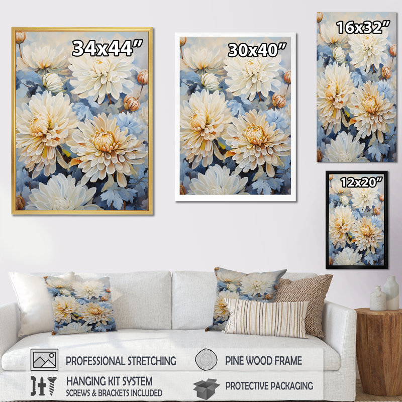 Minimalisme «Blooming Mums» en bleu et or I sur toile, Cadre flottant doré, H 40 po x l 30 po x P 1,5 po