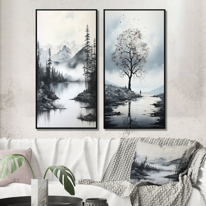 Arbre gris minimalisme solitude "Arbre gris minimalisme solitude" 2 pièces, H 32 po x l 32 po, Cadre noir