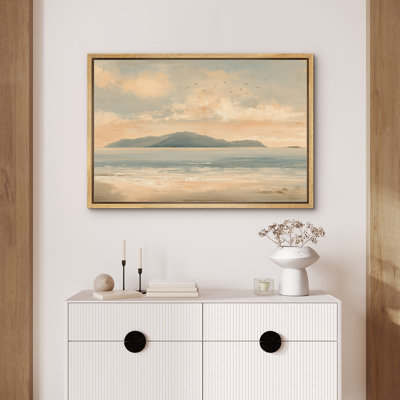 «Serene Coastal Sunset with Distant Mountains and Flying Birds», reproduction d'art sur toile encadrée très grande