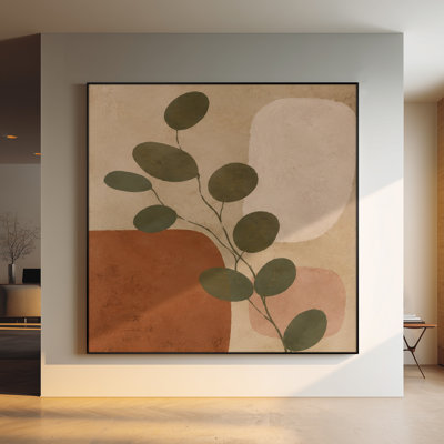 Très grande reproduction d'art sur tissu - Branche botanique minimaliste avec des formes terre cuite et rosé pour le salon ou la chambre à coucher - «Assemblage requis du cadre (cadre non fini)»