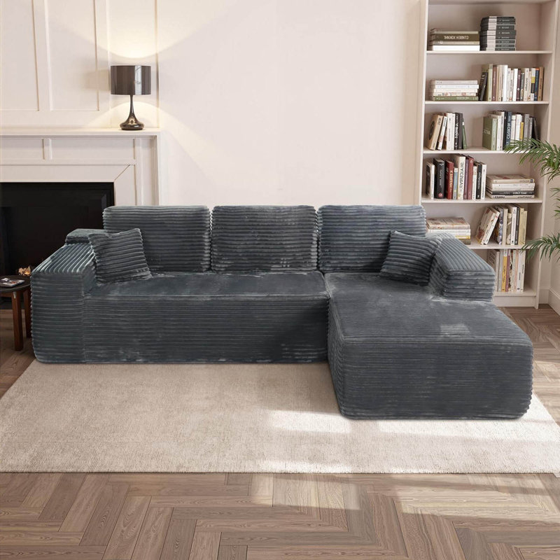 Boneless Corduroy L-Shape Modular Sectional Couch with Chaise - Soft Upholstered, Roomy Deep Seat, No Assembly Required, Timeless Stylish Furniture for Living Room Bedroom Apartment Home Office