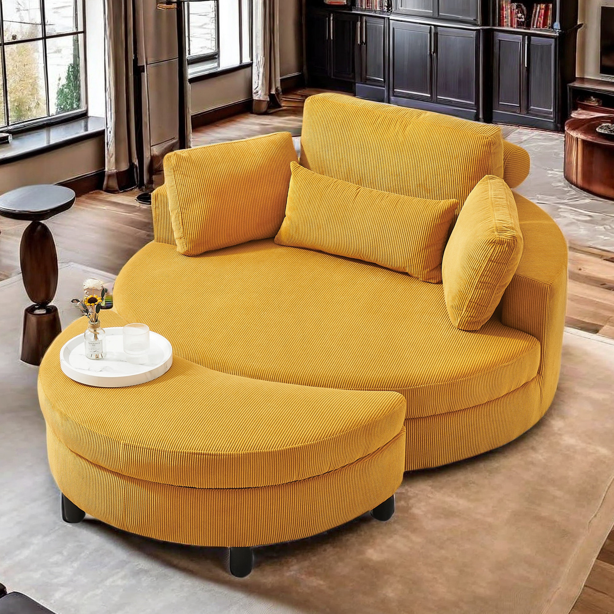 Ivy Bronx Corduroy Round Sofa With Pillows, An Extra Tray And Storage