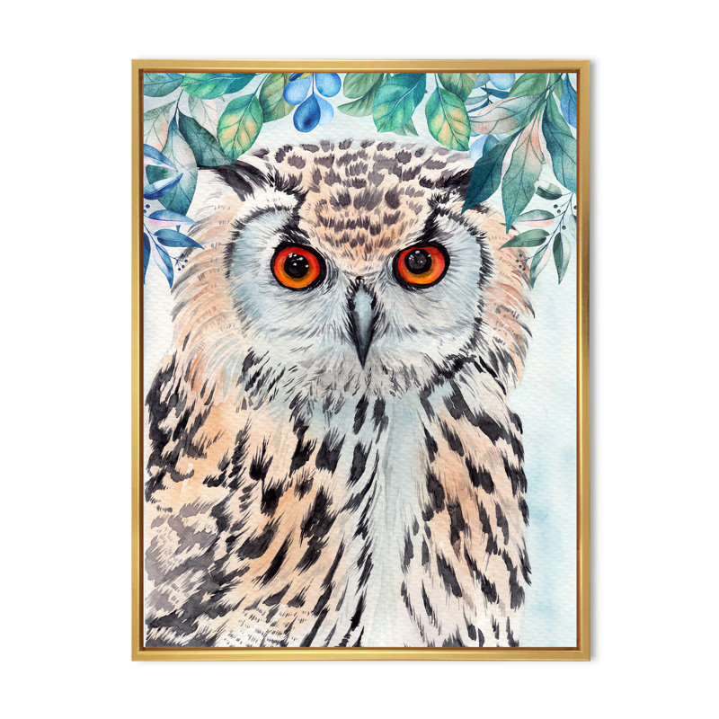 Une chouette avec des plumes blanches et noires tachetées I - peinture sur toile, H 32 po x l 24 po, Cadre flottant doré
