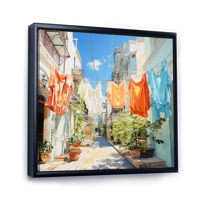 Blanchisserie en Italie V - Art mural, H 36 po x l 36 po x P 1,5 po, Cadre flottant noir