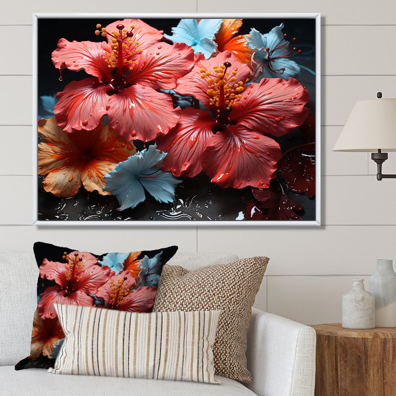Hibiscus en fleurs sur verre, H 24 po x l 32 po x P 1 po, Cadre naturel flottant