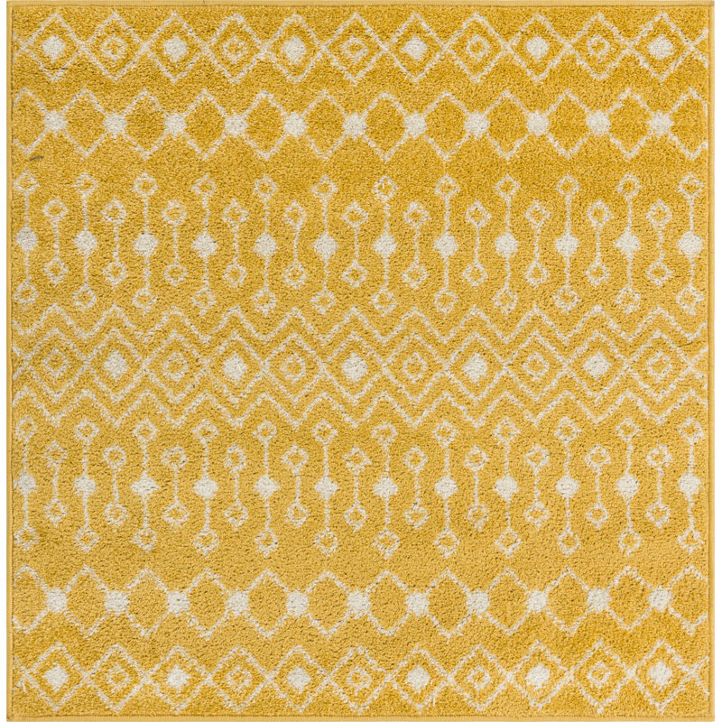 Tapis jaune / ivoire en polypropylène tissé à la machine Briehn, Carré 4 pi