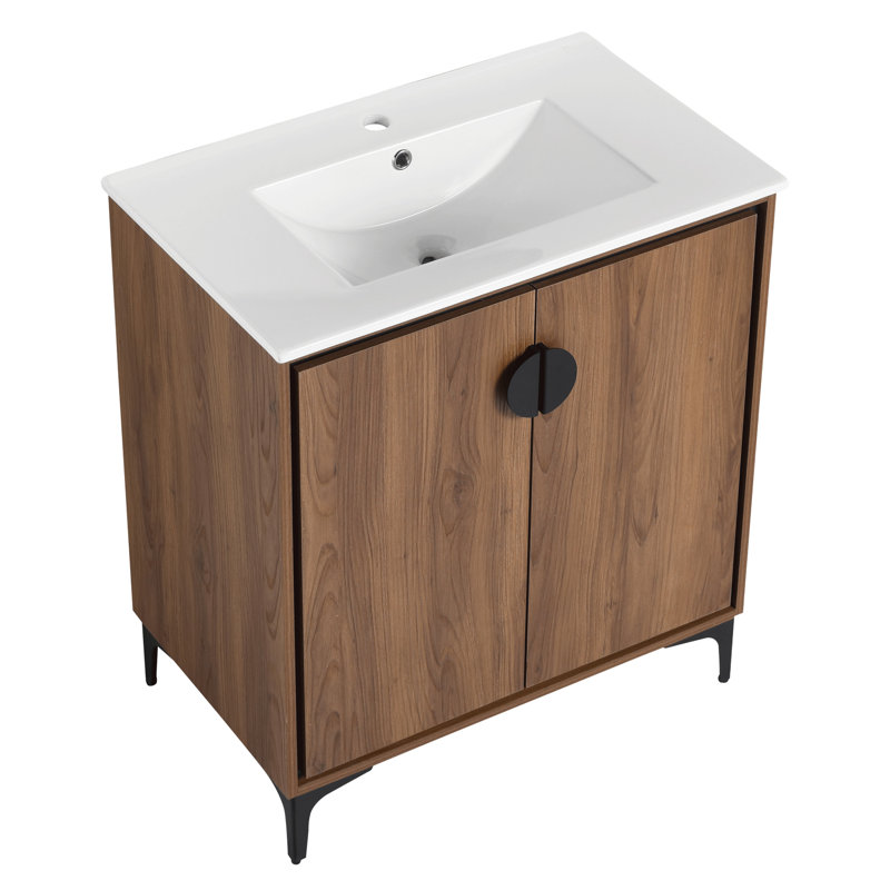 Armoire de salle de bain 30 po - Fabrication en bois d'ingénierie pour meuble-lavabo et installation simple Humidité Armoire américaine Résistant à la structure solide Évier en céramique