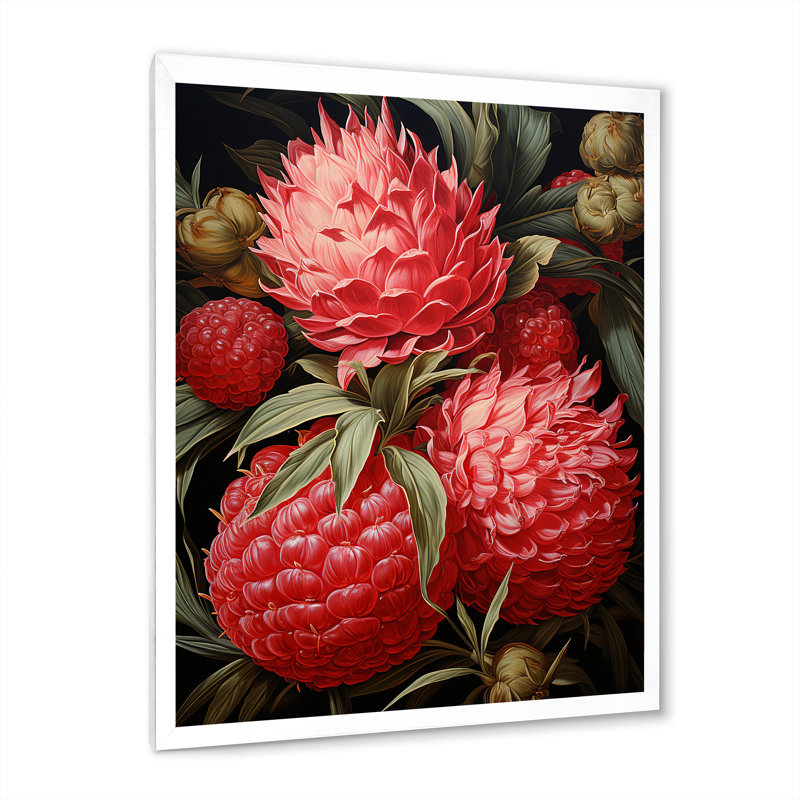«Rustic Ruby Flower Impression II», art mural fleurs, H 32 po x l 24 po x P 1 po, Cadre simple blanc