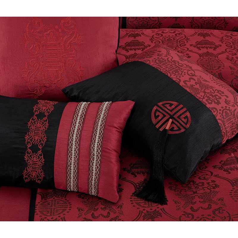 Tai 7-Piece Red Black Oriental Traditional Jacquard Comforter Set, Queen Comforter + 6 Additional Pieces