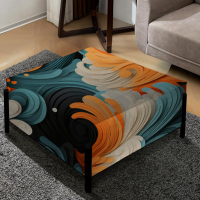 Orange And Teal Abstract Waves - Abstract Large Square Ottoman