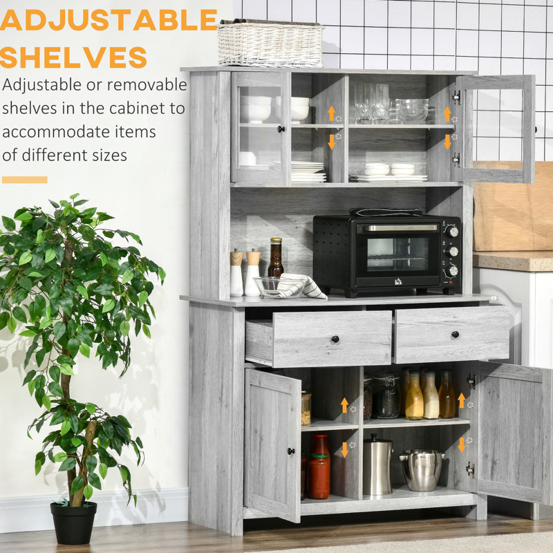 Armoire de cuisine de 63,5 po avec garde-manger, 4 tablettes et tiroirs, gris cendré, pouvant contenir diverses fournitures, 4 tablettes, portes en verre encadrées, espace de comptoir ouvert pour micro-ondes