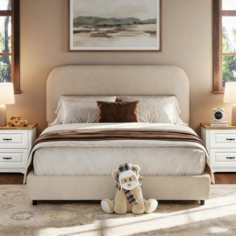 Ensemble de lit plateforme tapissier avec 2 tables de chevet fermées Boucle - Ensemble de chambre à coucher 3 pièces