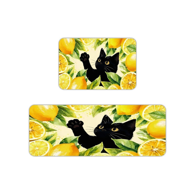 Tapis de cuisine jaune, jaune, citron et noir, 2 tapis fantaisistes pour la cuisine