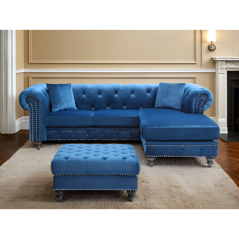 Swansea Velvet Reversible Sectional With Ottoman, Navy Blue