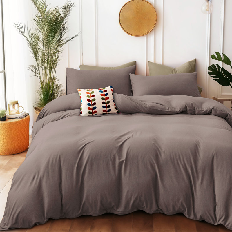 HOME BEDDING Jersey Cotton Duvet Cover Set, King Duvet Cover + 2 King Shams, Coffee Brown