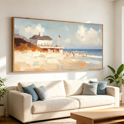 Wood Grain Framed Canvas Wall Art Vintage East Coast Beach Scene White Beachfront Cottage Sand Dunes American Flag People Swimming Ocean Textured Coastal Canvas Print