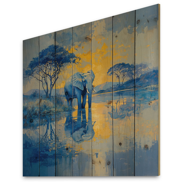 Éléphant au bord de l'eau - Éléphant, art mural en bois animal - sur bois de pin naturel, H 30 po x l 30 po x P 0,78 po