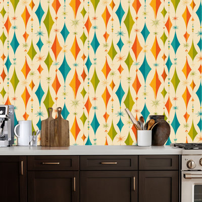 Papier peint adhésif autocollant rétro adhésif Mid-Century à motif géométrique coloré à motif de losanges étoiles pour les armoires de cuisine de chambre à coucher