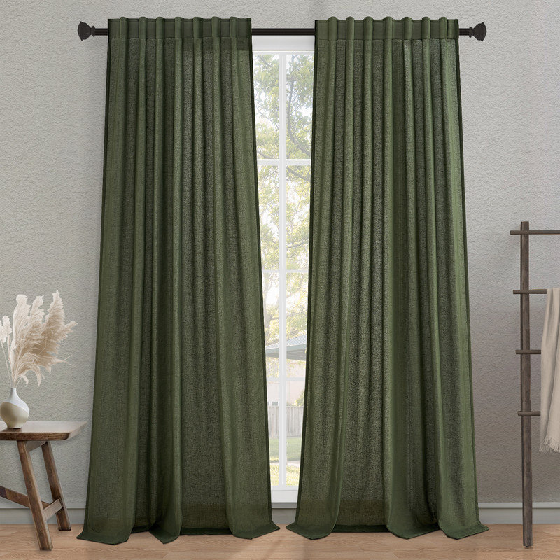 Cotton Linen Blended Light Filtering Curtain,Back Tab Hooks  Drapes (Set of 2,With Hooks), 52" W x 90" L, Olive Green