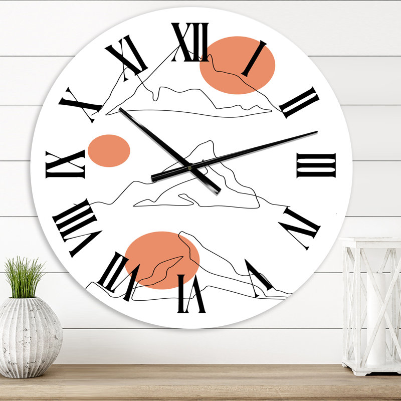 Chaîne de montagnes abstraites avec des lunes rouges - horloge murale moderne, Moyenne