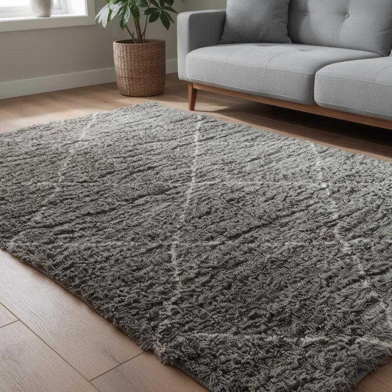Tapis à poils longs Wreno 8 x 10 avec motif géométrique crème, gris PET, Gris, crème