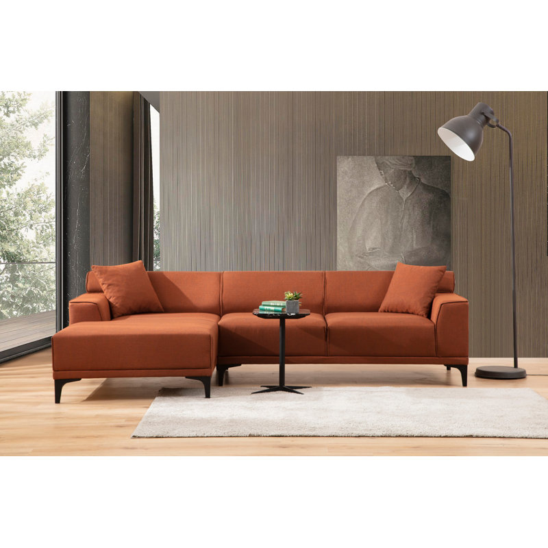 Canapé d'angle moderne, revêtement en tissu orange, 57,1 po x 98,4 po x 33,9 po | Structure en bois de hêtre et en carton, 100% polyester, nettoyage à sec | 2 coussins inclus, coussins fixes rembourrés de mousse et de plumes, design industriel élégant