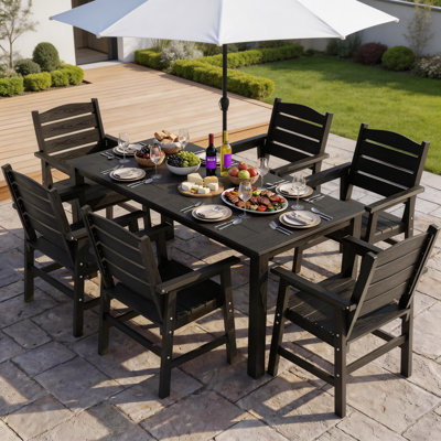 All Weather Outdoor Table and Chairs 7 Pieces Patio Dining Sets Outside Furniture With Umbrella Hole& Aluminum Frame HIPS Modern Patio Dining Set for 6 Person for Outside Backyard/Porch/Deck, 1-Table 6-Chairs, Black