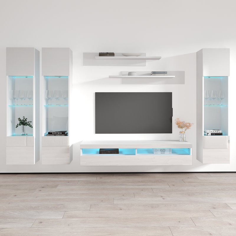 120" Modern Floating Wall Mounted Entertainment Center with 16-Color LED Lighting, High Gloss Finish, White