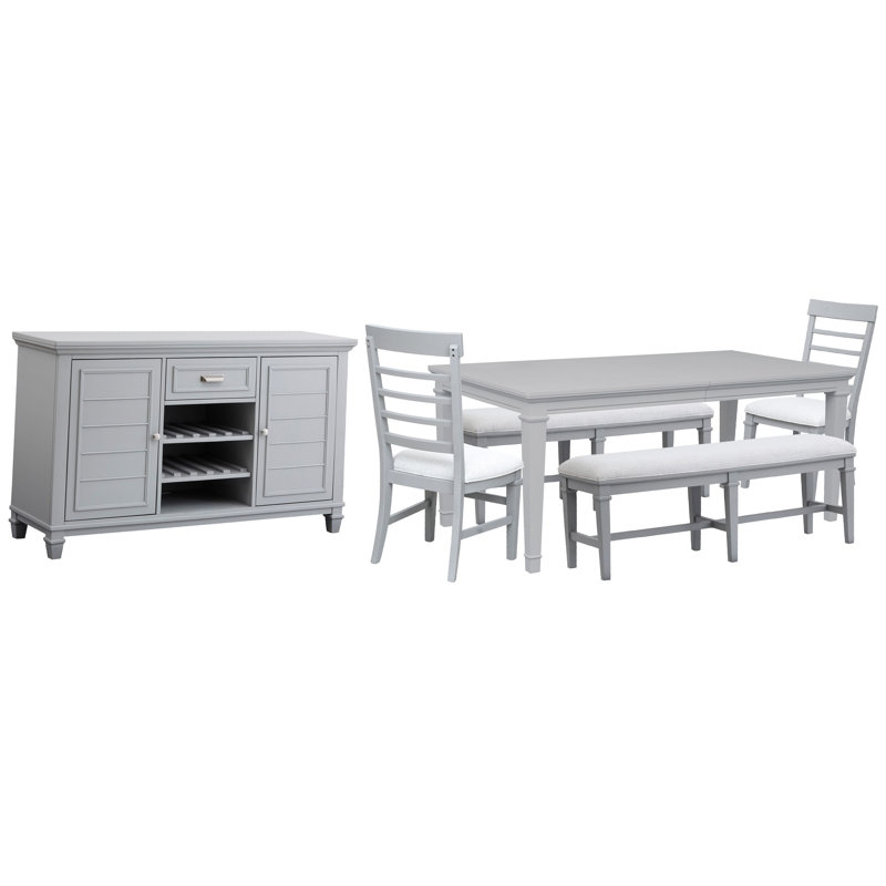 Grey Extendable Rectangular Dining Table With 2 Benches 2 Side Chairs And Server, 6 Pcs: Table, 2 Benches, Server, 2 Chairs