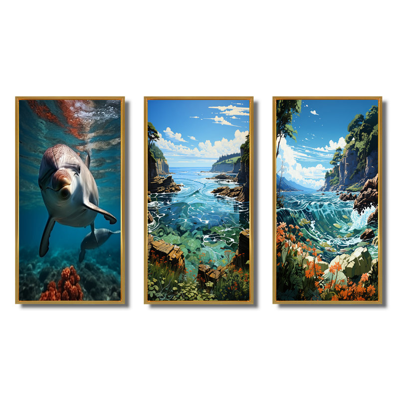 «Dolphin Serene Swim», 3 pièces sur toile, Encadrement doré, H 32 po x l 48 po