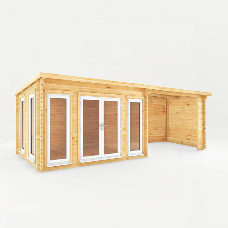 23ft x 10ft Studio Pent Log Cabin With Patio Area With UPVC Windows & Doors (44mm), White/Natural Timber
