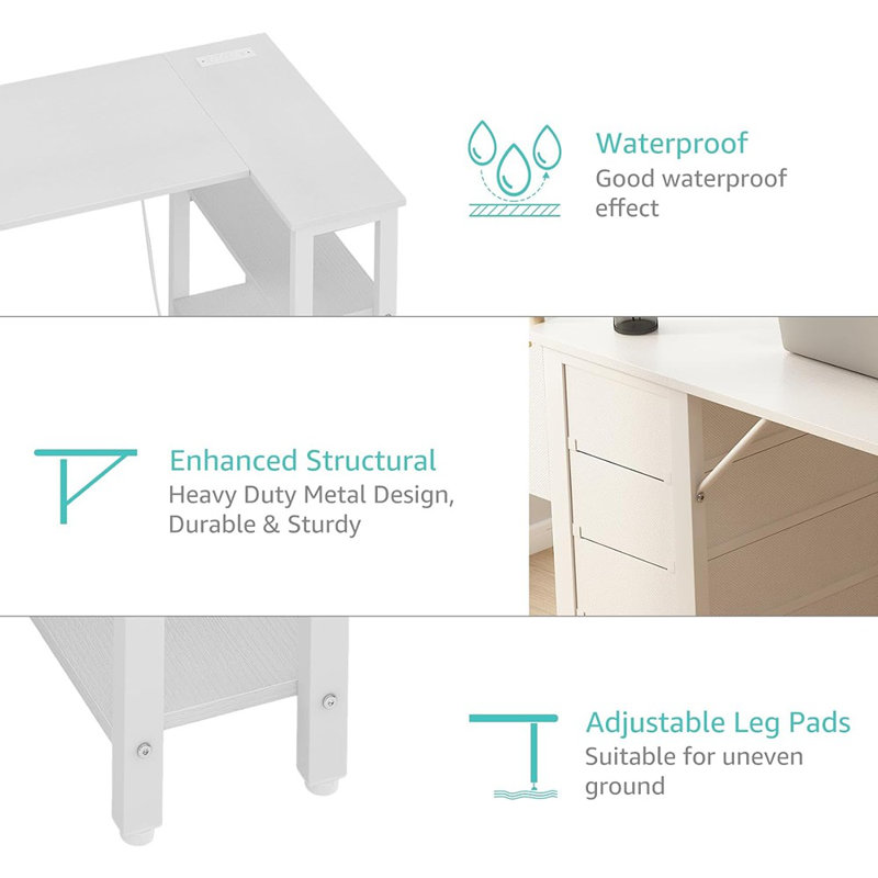 Built-in Outlets L-Shaped Computer Desk with Drawers & Storage Shelves, 29.5" H x 47.2" W x 26.8" D, White