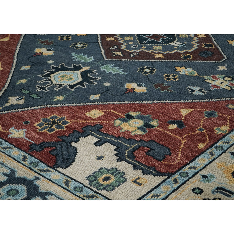 Tapis Oushak bleu en laine noué à la main 9 pi 1 po x 11 pi 11 po, Bleu, Rectangle 9 pi x 11 pi 11 po
