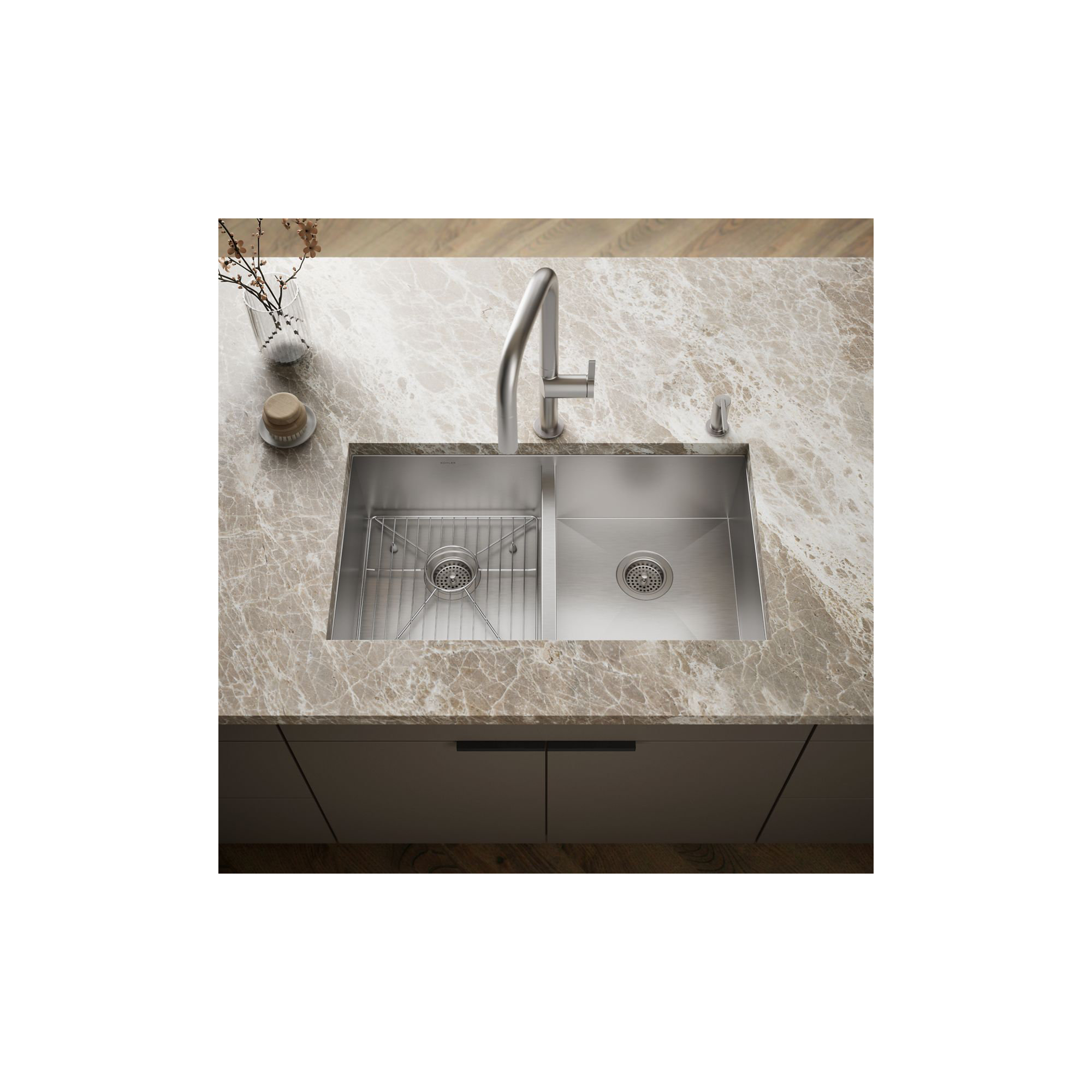 Vault Double Bowl Kitchen Sink with Single Faucet Hole, 3 Holes