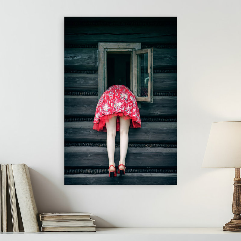 «Red Dress Curiosity Rustic Vintage Whimsical Architecture», art mural, 24" H x 16" W