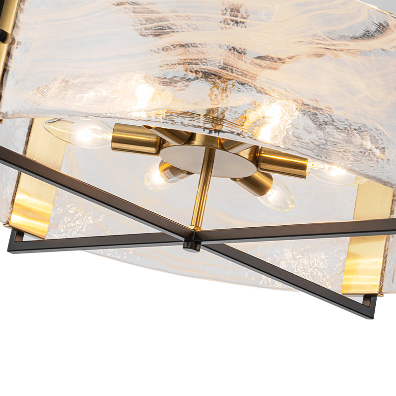 6-Light White Mist Glass Drum Chandelier, Matte Black/Brushed Gold