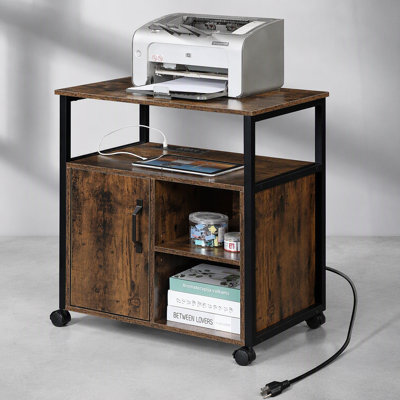 Classeur de bureau avec ports de chargement, support pour imprimante, rangement de format A4 et lettre, cadre en métal, facile à assembler, brun rustique et noir