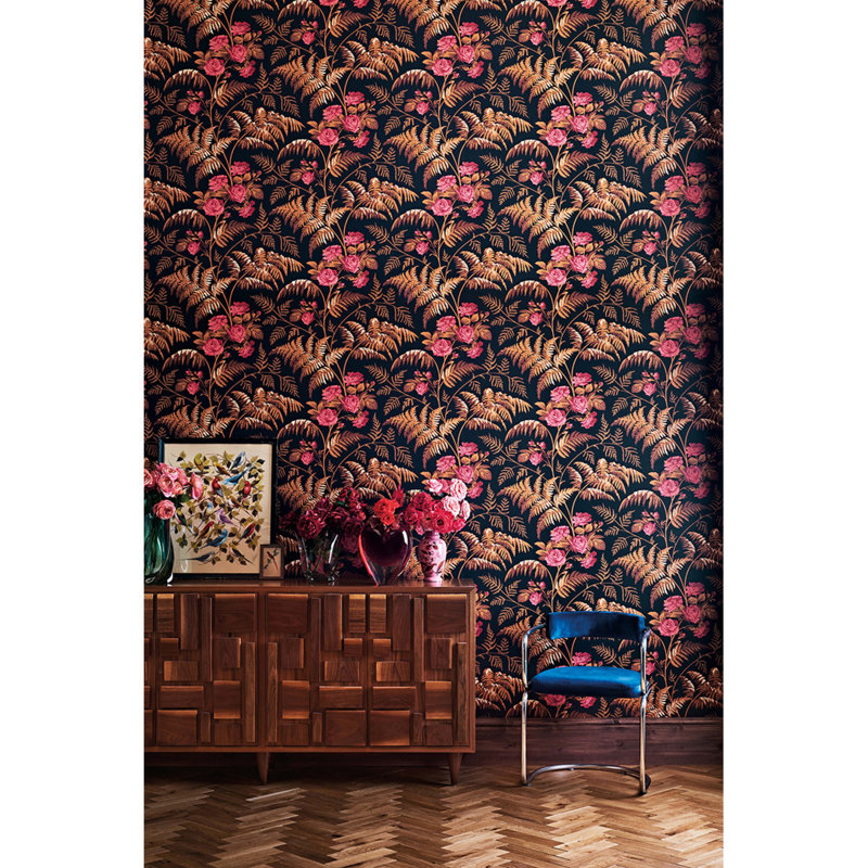 Floral Wallpaper Roll, Cerise/Orange/Black