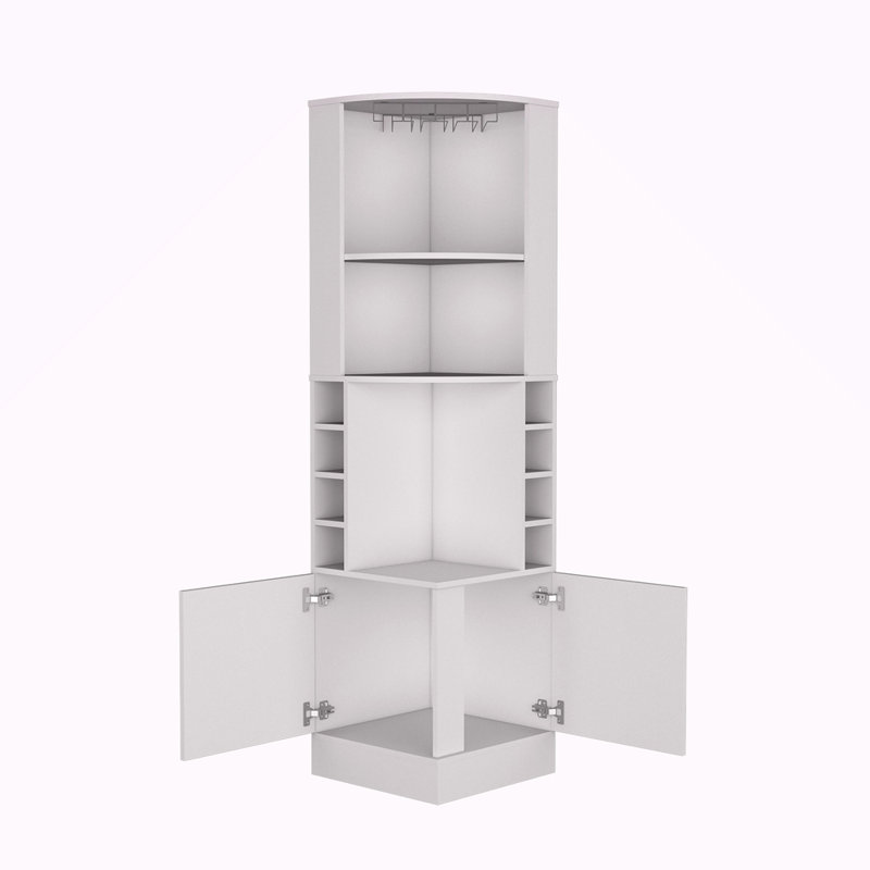 Armoire de bar d'angle, armoire à double porte, support en verre, huit supports à vin intégrés, Blanc