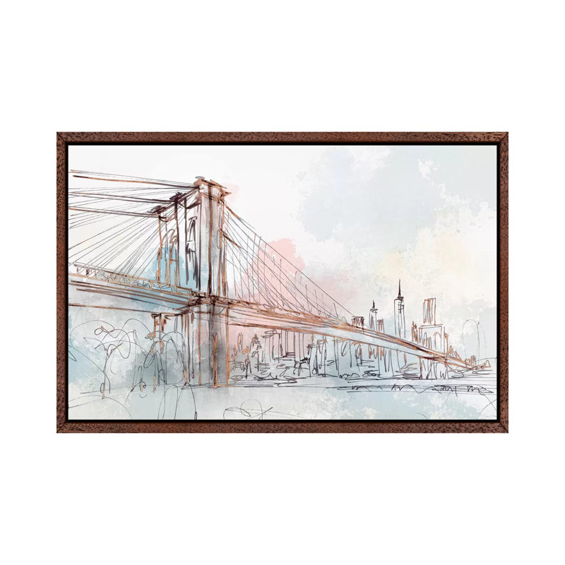 Blushing Brooklyn Bridge by Isabelle Z - Print on Canvas, 101.6 cm H x 66.04 cm W, Classic Brown Wood Framed